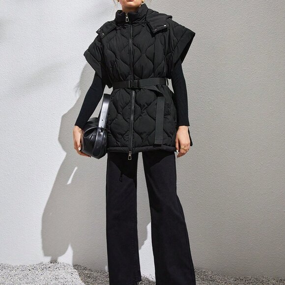 Black Casual Women's Zip Up Belted Vest Puffer Coat - Picture 2 of 7